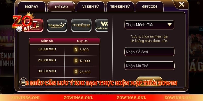 3 điều cần lưu ý khi bạn thực hiện nạp tiền Zowin